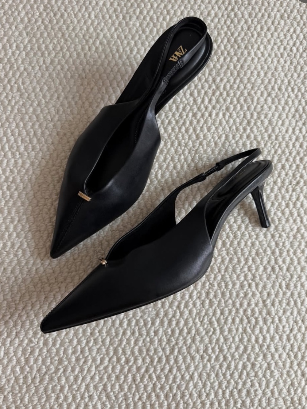 Zara Black Pointed Slingback Kitten Heels
